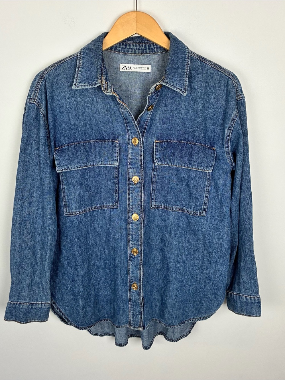 Zara Blue Denim Button Down Collared Shirt Minimalist Western Casual XS